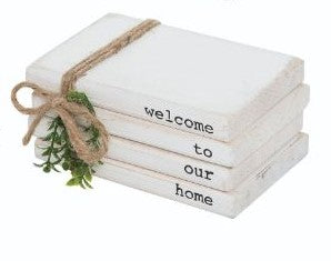 Wood Book Stack Welcome to our Home