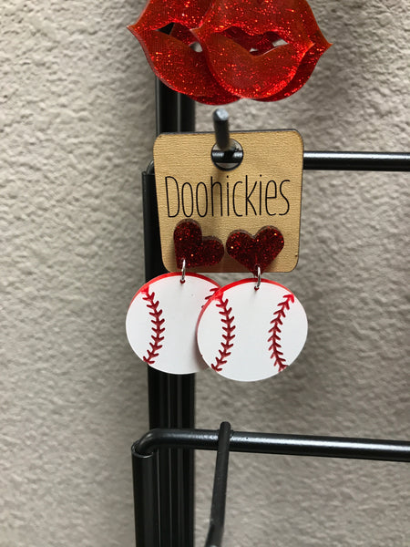 Acrylic Red Heart Baseball Earrings