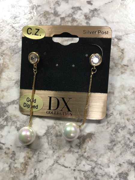 Gold Drop Pearl Earrings with c.z