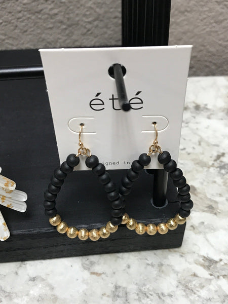 Gold and Black Bead Hoop Earrings