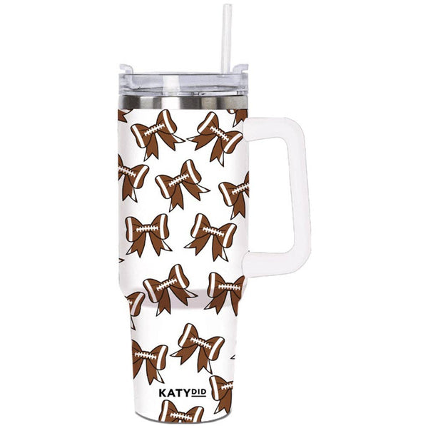 Football Bows All Over Stainless Steel Tumbler: White