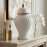 Decorative Jar - White Ceramic Swirl Tall Lidded, 20 in.