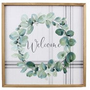 WOOD FRAMED WHITE WASHED BOTANICAL WALL SIGN (Welcome)