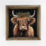 Highland Cow Christmas Black Background - Holiday Animal Art: 11x11" Small Canvas Art with Wood Box Frame