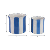 Plant Pot Set of 2 - Blue Ceramic Striped Scallop Edge,6/8in