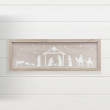Beige Long Nativity Silhouette Wood Sign for Christmas: 8x24" Long Canvas Art with Thick Wood Frame