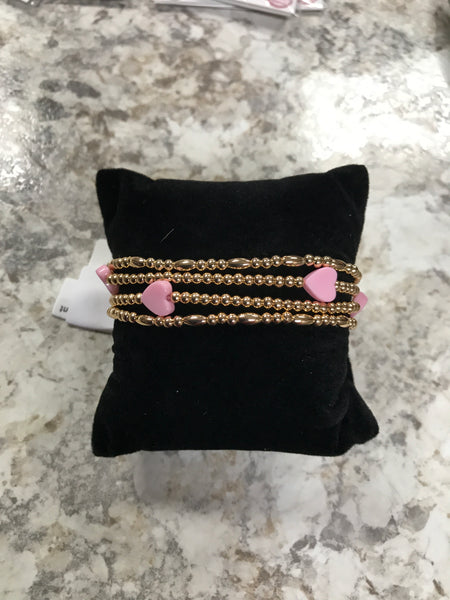 Gold Bead Bracelet with Pink Hearts