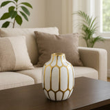 Decorative Vase - White/Gold Ceramic Bud Abstract, 8 in.