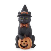 7.5 Inch Black Resin Cat w/Witch Hat & LED Jack o Lantern