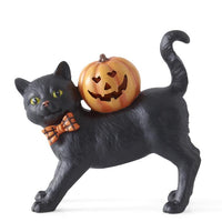 6.75 Inch Black Resin Cat w/Bow Tie & LED Jack o Lantern