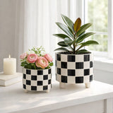 Planters Set of 2 - Black Ceramic Checkerboard, 10/12 in.