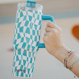 Aqua Checkered Pattern Tumbler Cup w/ Handle: Aqua