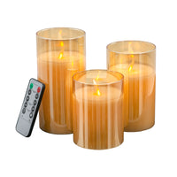 S/3 Real Flame-Effect LED Wax Candles Light With Remote Timer, Amber