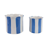 Plant Pot Set of 2 - Blue Ceramic Striped Scallop Edge,6/8in