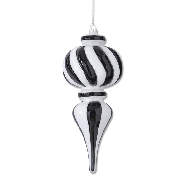 10.5 Inch Hand Painted Black & White Striped Glass Finial Ornament