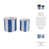 Plant Pot Set of 2 - Blue Ceramic Striped Scallop Edge,6/8in