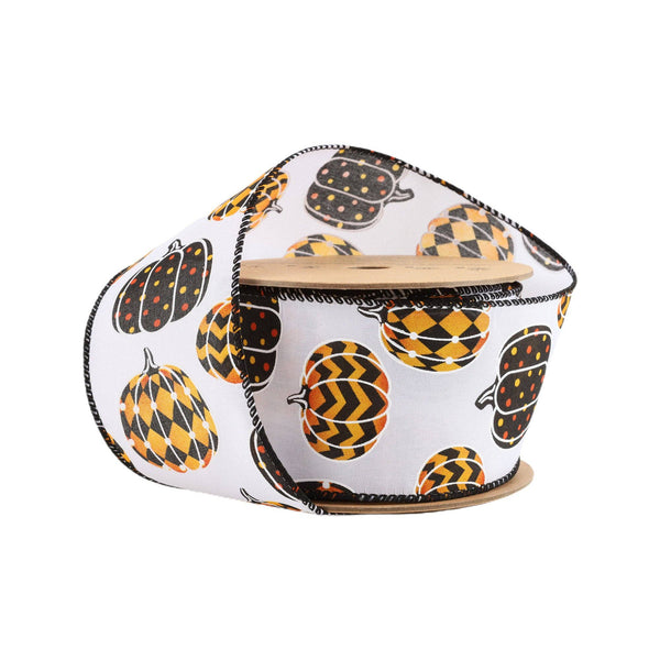 Wired Ribbon with Pumpkin Design on White, 10 Yard Roll