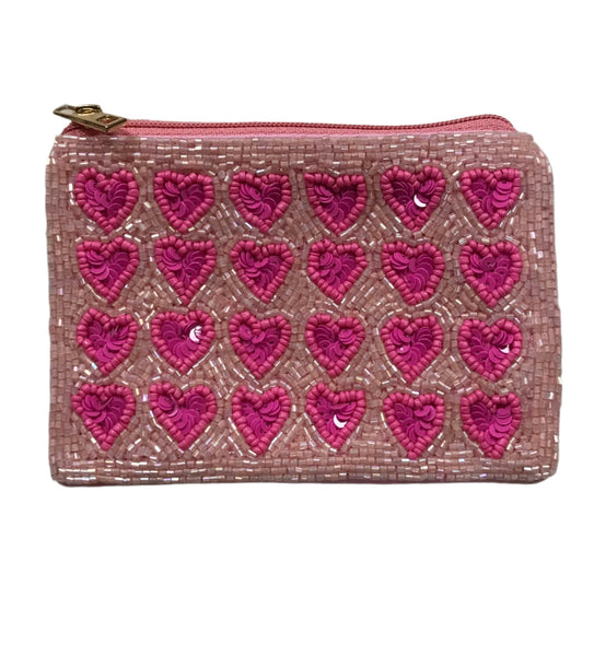 Beaded Coin Purse with Pink Hearts