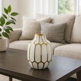 Decorative Vase - White/Gold Ceramic Bud Abstract, 8 in.