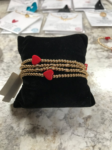 Gold Bead Bracelet with Red Hearts