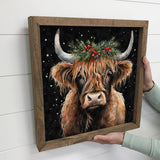Highland Cow Christmas Black Background - Holiday Animal Art: 11x11" Small Canvas Art with Wood Box Frame