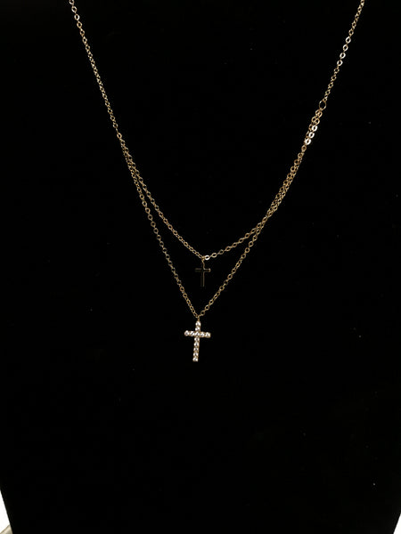 Gold Double Layer 2 Cross Necklace with C.Z