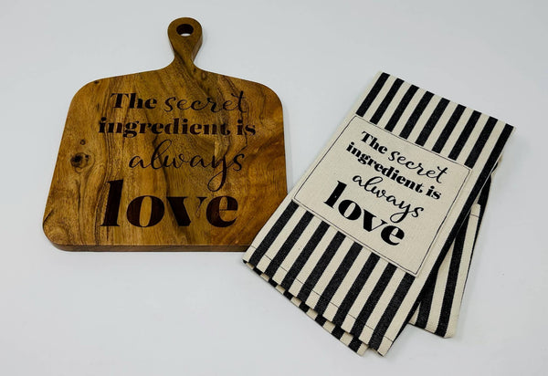 Cutting Board with Handle & Striped Towel with Inscription