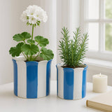 Plant Pot Set of 2 - Blue Ceramic Striped Scallop Edge,6/8in