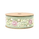 1 1/2" Wired Dupioni Ribbon | Green Flower Trim | 5 Yard Roll