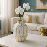 Decorative Vase - White/Gold Ceramic Bud Abstract, 8 in.