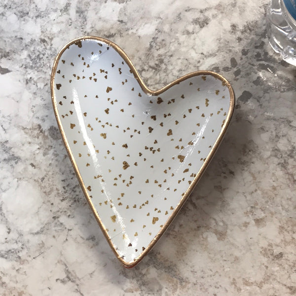 Valentines Ceramic Heart Dish: Tiny Gold Hearts
