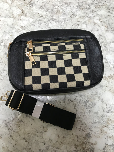 Black Checkered Cross Body Bag with Gold Hardware