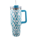 Aqua Checkered Pattern Tumbler Cup w/ Handle: Aqua