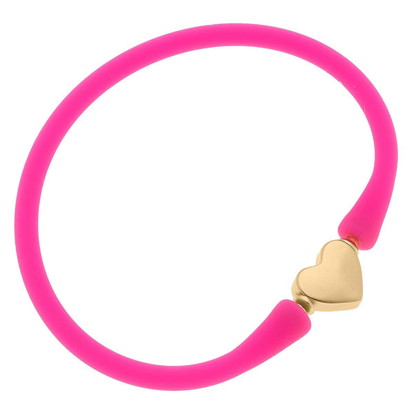 Bali 24K Gold Plated Heart Bead Silicone Bracelet: Fuchsia