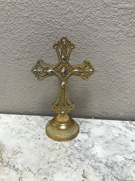9" Resin Jeweled Cross on Base Silver Rhinestone