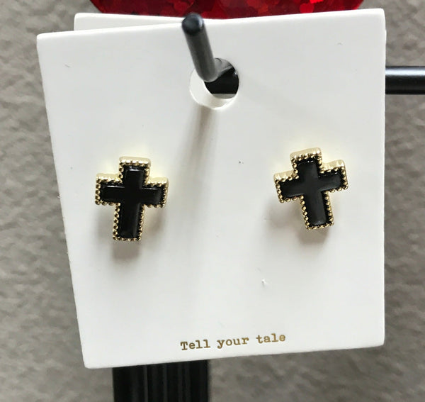 Gold and Black Cross Stud Earrings
