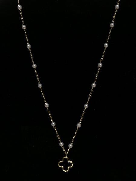 Gold Pearl Necklace with Black Charm
