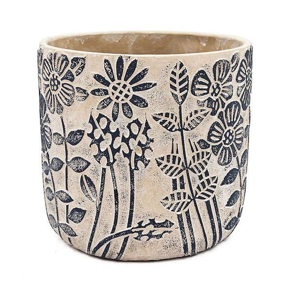 LG Gray Sand and Cement Planters with Blue Floral Motif