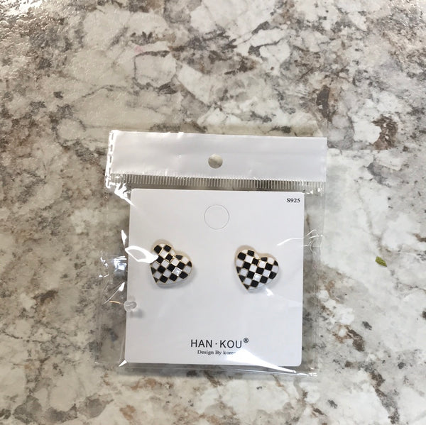 Black and White Checkered Heart Shaped Earrings