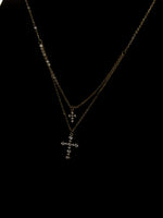 Gold Double Layer Cross Necklace with C.Z