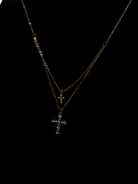 Gold Double Layer Cross Necklace with C.Z