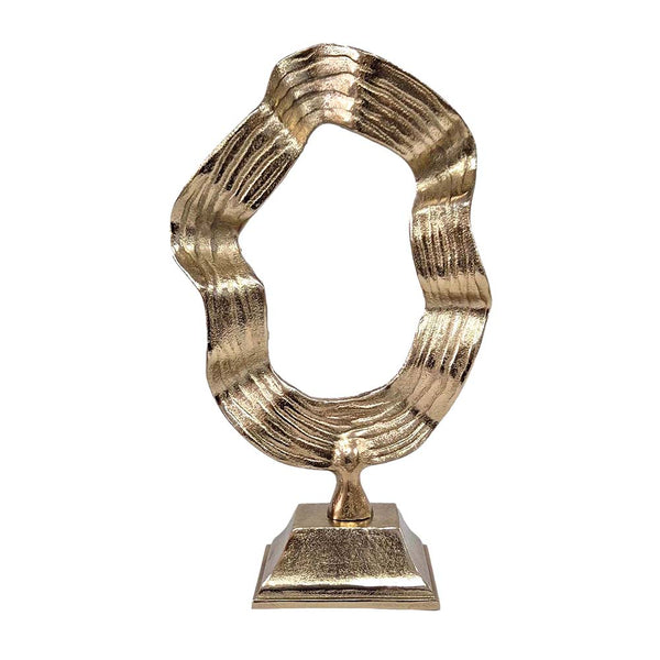 Abstract Aluminum Loop Sculpture With Textured Gold Finish And Stand