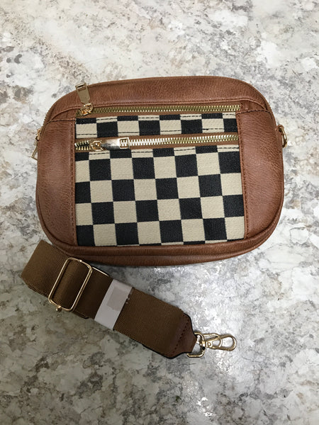 Brown Checkered Cross Body Bag with Gold Hardware