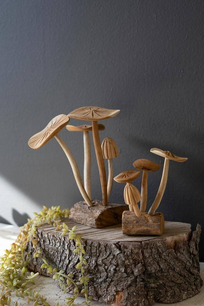 Carved Teak Wood Mushrooms - Short