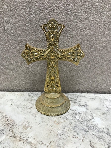 9" Resin Jeweled Cross on Base Gold Rhinestone