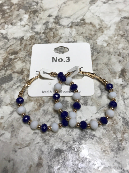 Blue and White Beaded Gold Hoops