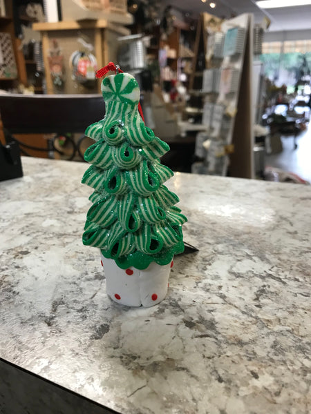 Green and Red Ribbon Candy Tree Ornaments White Pot
