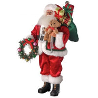 18" FABRIC/RESIN SANTA W/WREATH & TOY SACK