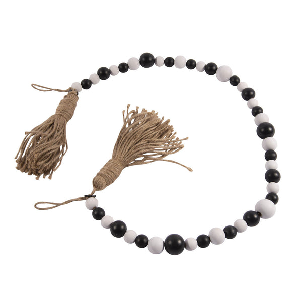 Black and White Natural Wood Bead Garland with Tassles, Charm Holder