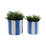 Plant Pot Set of 2 - Blue Ceramic Striped Scallop Edge,6/8in